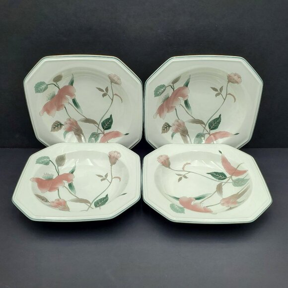 Mikasa Silk Flowers Rim Soup Bowls Pink Flowers on White Octagonal Bowls - Picture 1 of 5